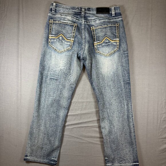 True Luck Jeans Mens 34x30 Blue Distressed Faded Straight Leg Denim Stretch - Picture 1 of 5